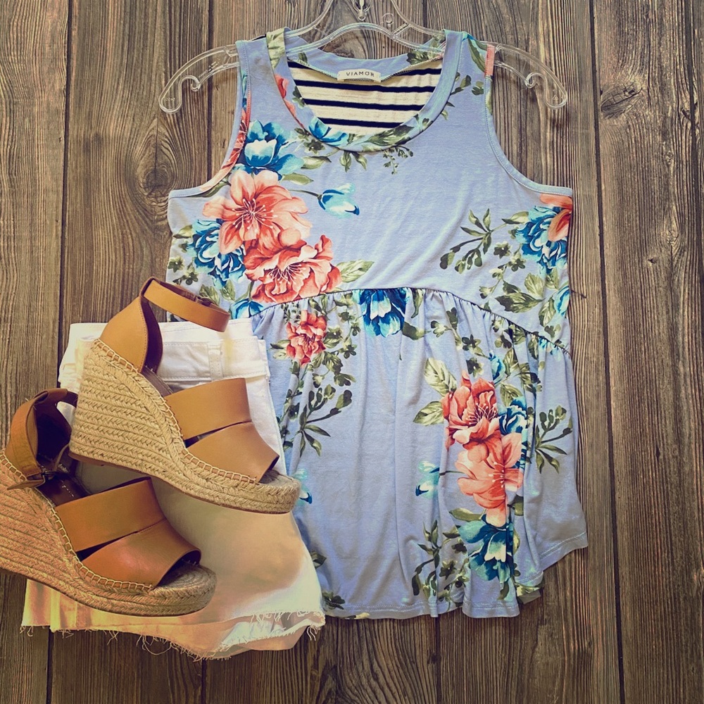 Blue Floral/Striped Babydoll Top